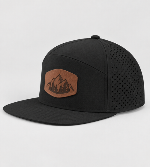 Black Zapped Osprey 7-panel performance hat with perforated panels and a custom brown leatherette patch