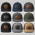 Nine custom leatherette patch hats showing Richardson 112, Osprey 7-panel, and Richardson 168 options