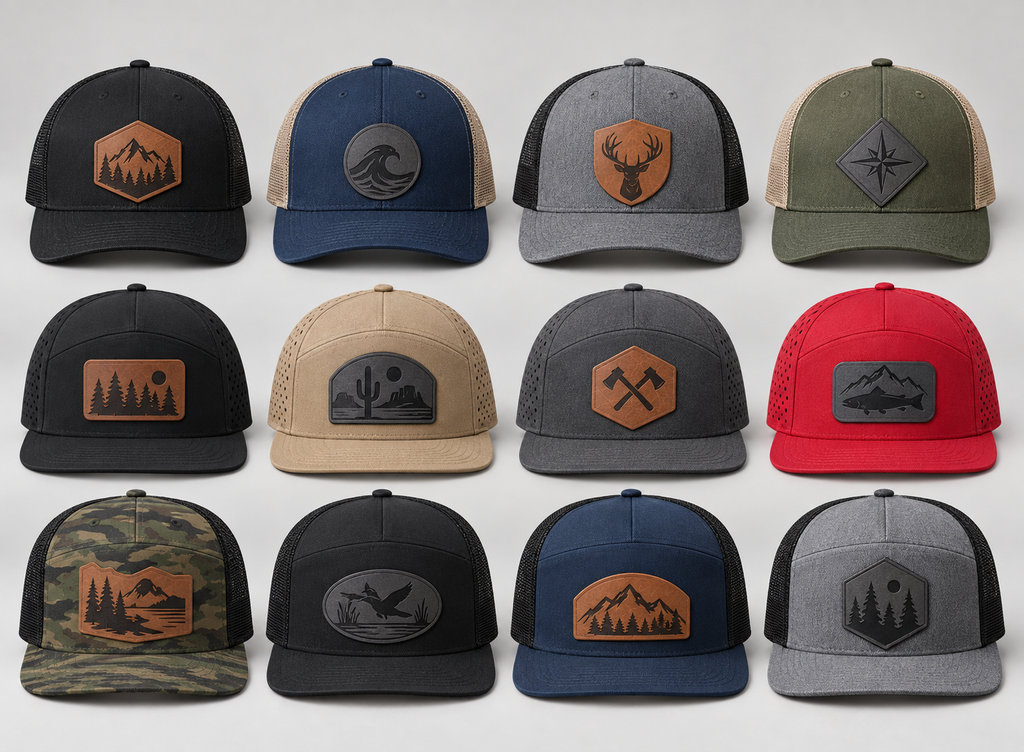 Twelve custom patch hats in assorted colors and patch shapes across Richardson 112, Osprey, and Richardson 168 models
