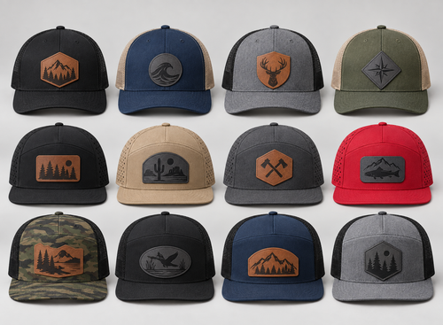 Twelve custom patch hats in assorted colors and patch shapes across Richardson 112, Osprey, and Richardson 168 models