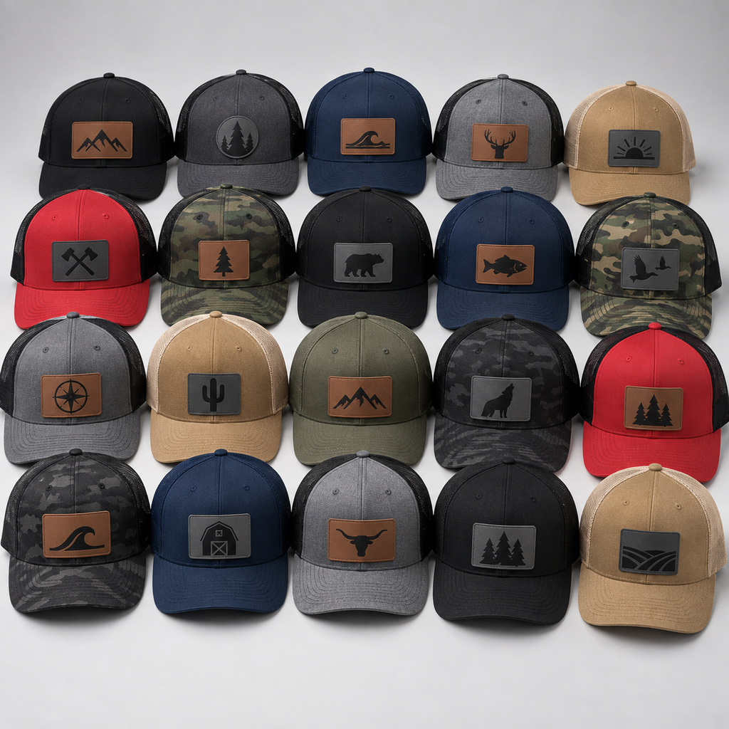 Bulk selection of custom patch hats in assorted colors and patch styles