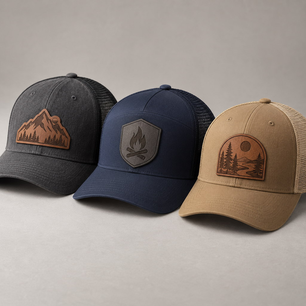 Three custom hats with mountain contour shield and arch-shaped leatherette patches