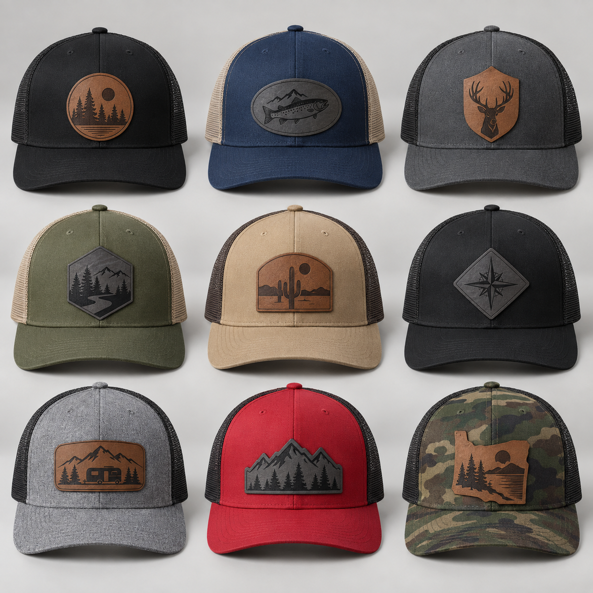 Nine custom patch hats showing round oval shield hexagon arch diamond and contour-cut patches