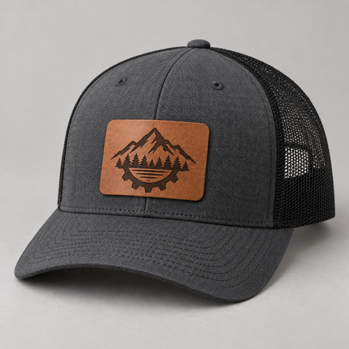 Charcoal Richardson 112 style trucker hat with a custom walnut leatherette patch