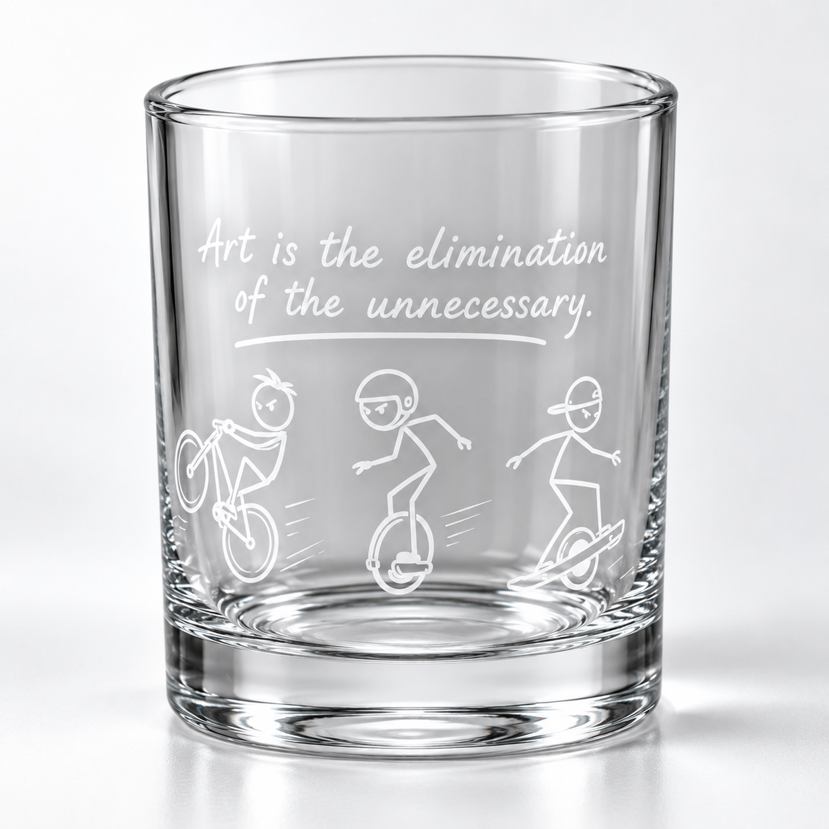 Engraved whiskey glass featuring bicycle, EUC and Onewheel riders