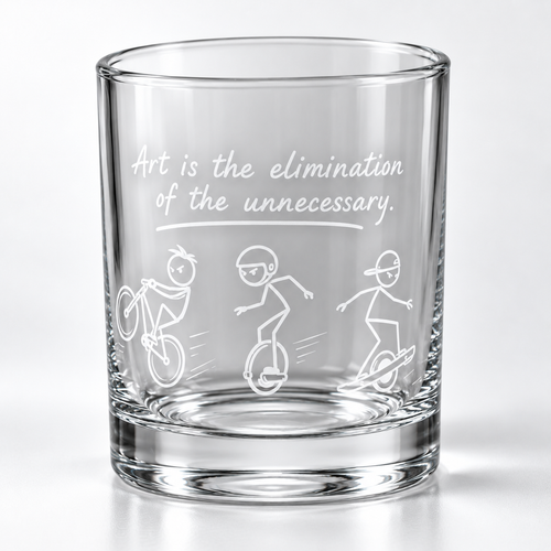Engraved whiskey glass featuring bicycle, EUC and Onewheel riders