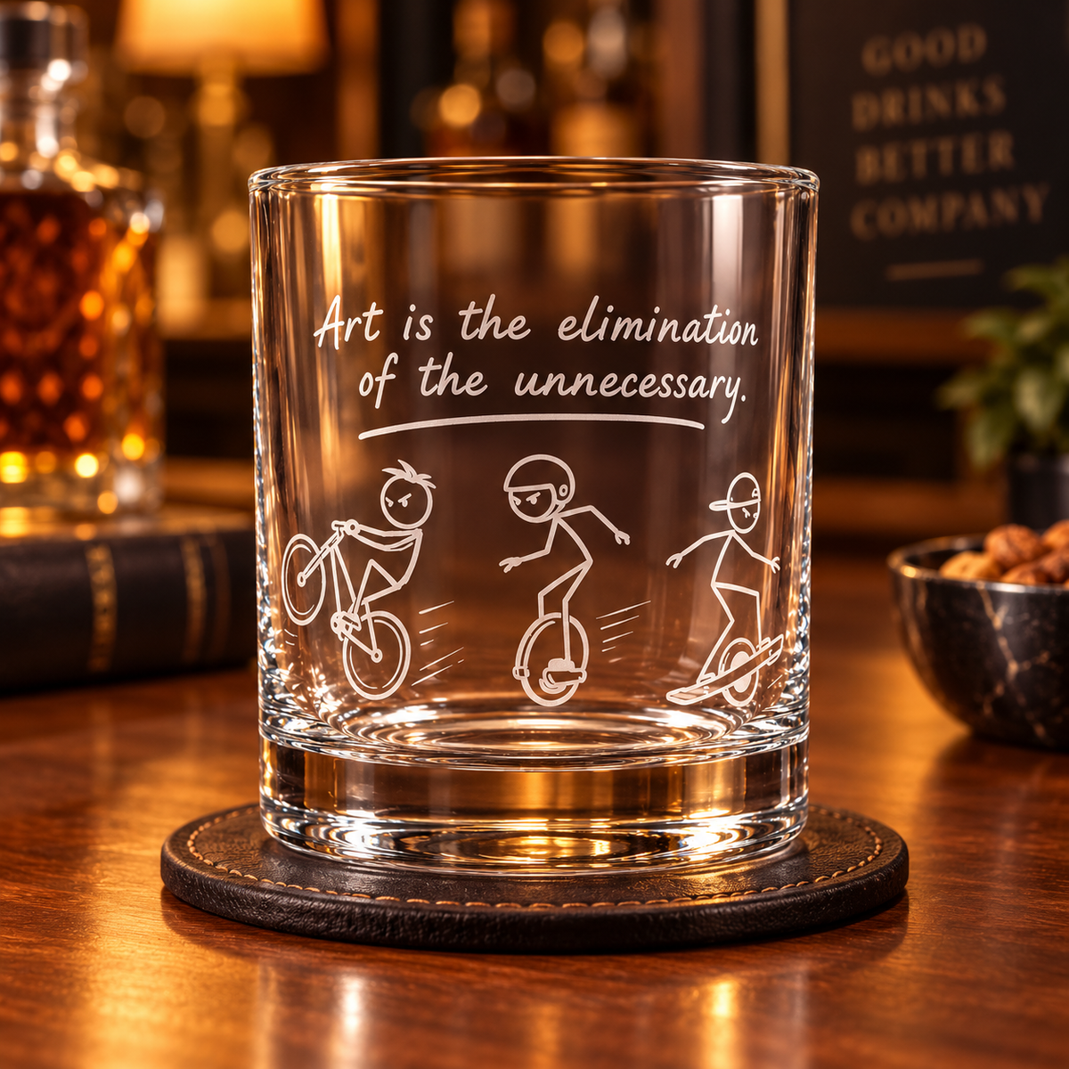 Engraved EUC, Onewheel and bicycle rocks glass displayed on a whiskey bar