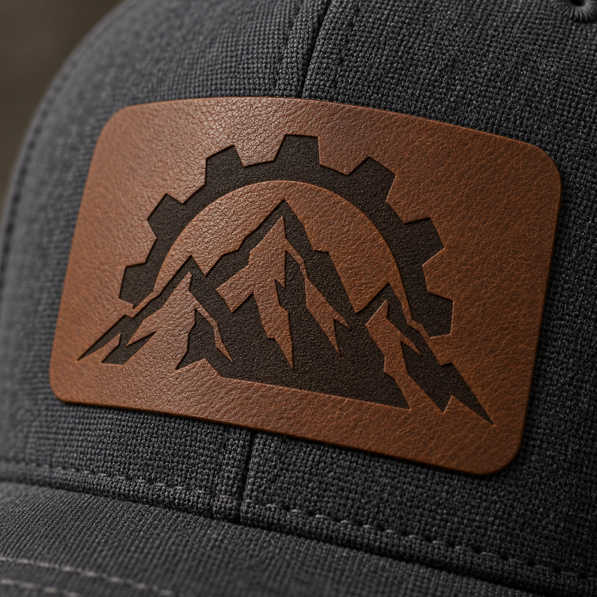 Close-up detail of a laser-engraved walnut leatherette hat patch